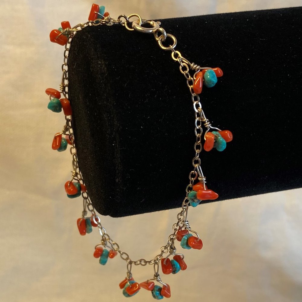 Vtg Southwestern Sterling Turquoise Coral Bracelet